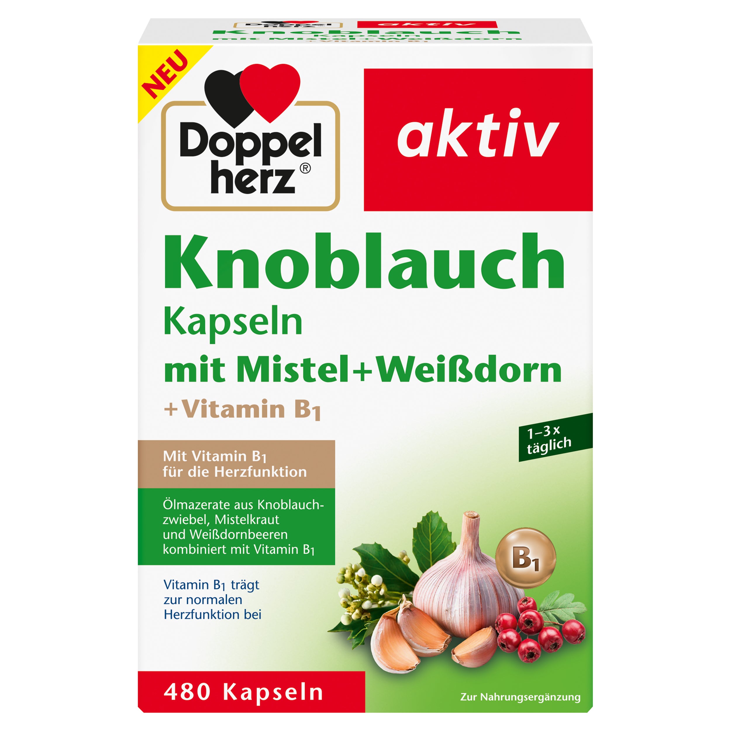 Knoblauch Kapseln mit Misteln + Weißdorn + Vitamin B1 (480 Kapseln)
