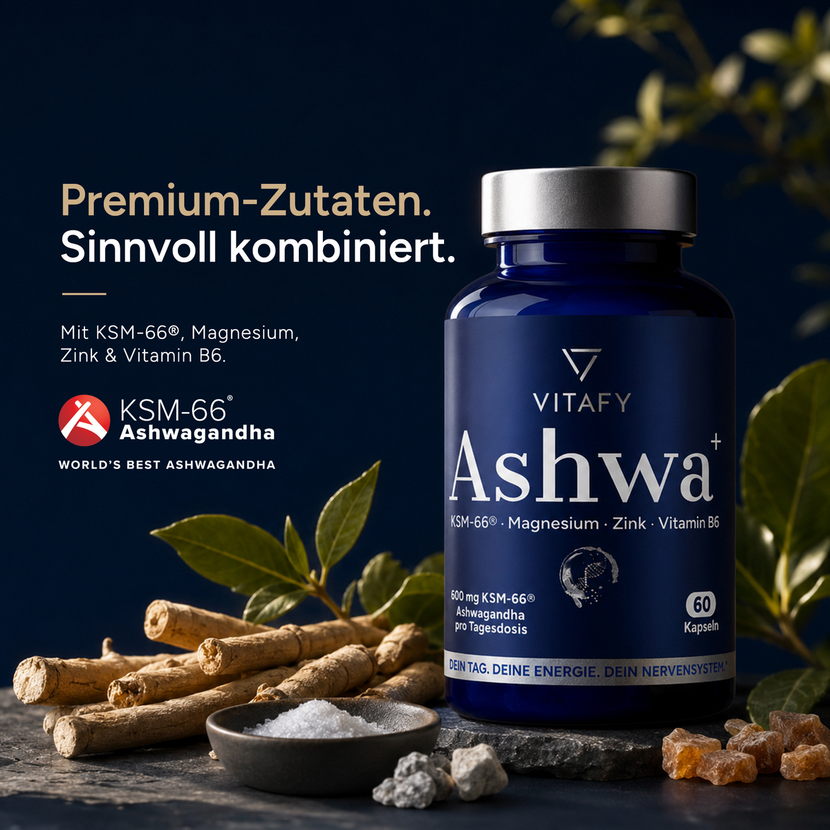 Ashwa+ Ashwagandha KSM-66® mit Magnesium, Zink & Vitamin B6 (60 Kapseln)