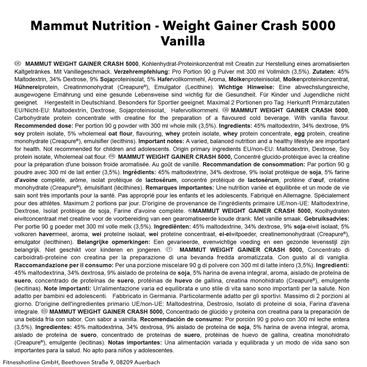 Weight Gainer Crash 5000 (4500g) Vanille