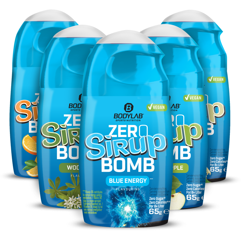 Fünf BODYLAB ZERO Sirup BOMB Flaschen