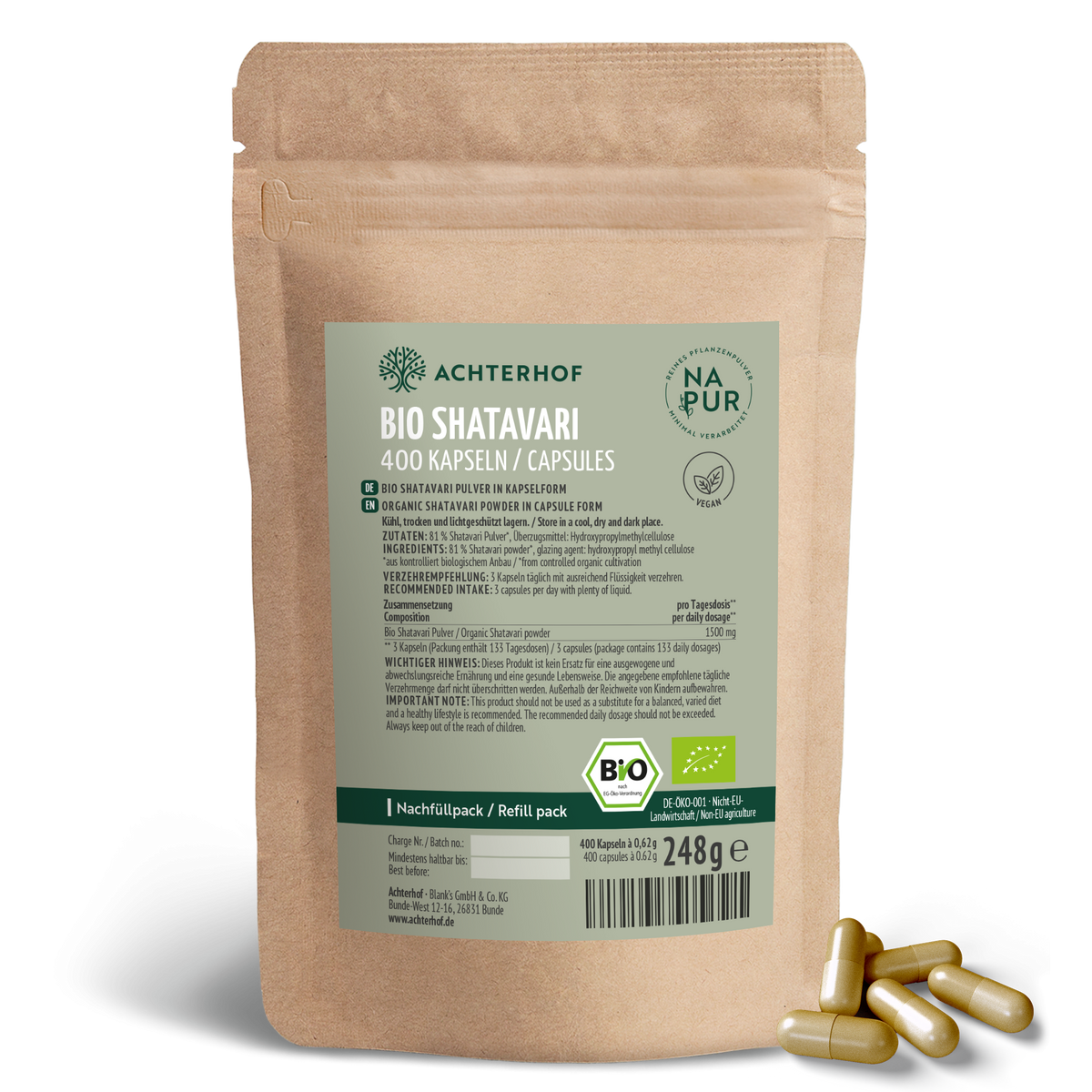 Bio Shatavari Kapseln Nachfüllpack (400 Kapseln)
